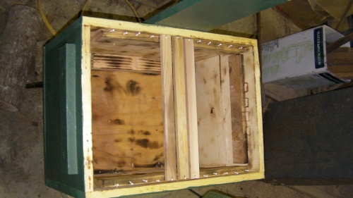 Prewaxed top bars installed into former swarm bait box after scorching the inside.